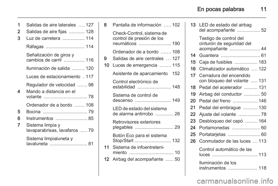 OPEL ANTARA 2015 Manual de Instrucciones (in Spanish) En pocas palabras11
1Salidas de aire laterales ....127
2 Salidas de aire fijas ............128
3 Luz de carretera .................114
Ráfagas .............................. 114
Señalización de OPEL ANTARA 2015 Manual de Instrucciones (in Spanish) En pocas palabras11
1Salidas de aire laterales ....127
2 Salidas de aire fijas ............128
3 Luz de carretera .................114
Ráfagas .............................. 114
Señalización de