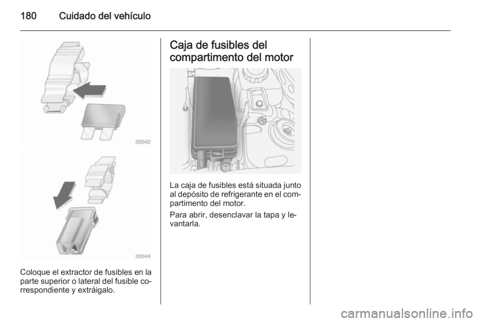 OPEL ANTARA 2015  Manual de Instrucciones (in Spanish) 180Cuidado del vehículo
Coloque el extractor de fusibles en la
parte superior o lateral del fusible co‐
rrespondiente y extráigalo.
Caja de fusibles del
compartimento del motor
La caja de fusibles
