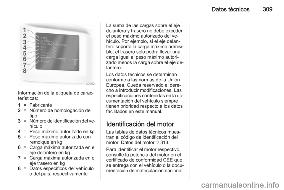 OPEL ASTRA J 2014 Manual de Instrucciones (in Spanish) Datos técnicos309
Información de la etiqueta de carac‐
terísticas:
1=Fabricante2=Número de homologación de tipo3=Número de identificación del ve‐
hículo4=Peso máximo autorizado en kg5=Pes OPEL ASTRA J 2014 Manual de Instrucciones (in Spanish) Datos técnicos309
Información de la etiqueta de carac‐
terísticas:
1=Fabricante2=Número de homologación de tipo3=Número de identificación del ve‐
hículo4=Peso máximo autorizado en kg5=Pes
