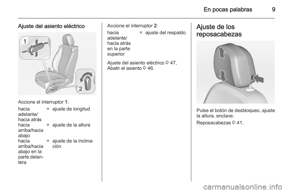 OPEL ASTRA J 2014.5 Manual de Instrucciones (in Spanish) En pocas palabras9
Ajuste del asiento eléctrico
Accione el interruptor 1:
hacia
adelante/
hacia atrás=ajuste de longitudhacia
arriba/hacia
abajo=ajuste de la alturahacia
arriba/hacia
abajo en la
par OPEL ASTRA J 2014.5 Manual de Instrucciones (in Spanish) En pocas palabras9
Ajuste del asiento eléctrico
Accione el interruptor 1:
hacia
adelante/
hacia atrás=ajuste de longitudhacia
arriba/hacia
abajo=ajuste de la alturahacia
arriba/hacia
abajo en la
par