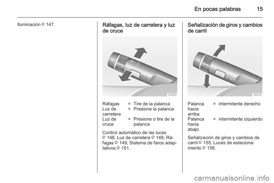 OPEL ASTRA J 2014.5  Manual de Instrucciones (in Spanish) En pocas palabras15
Iluminación 3 147.Ráfagas, luz de carretera y luz
de cruceRáfagas=Tire de la palancaLuz de
carretera=Presione la palancaLuz de
cruce=Presione o tire de la
palanca
Control autom