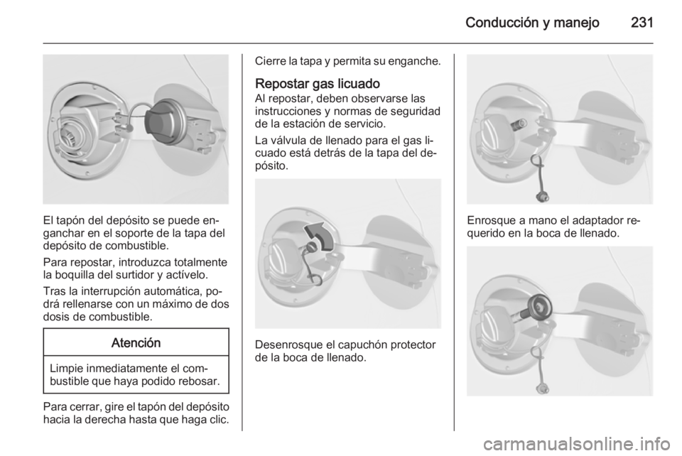 OPEL ASTRA J 2014.5 Manual de Instrucciones (in Spanish) Conducción y manejo231
El tapón del depósito se puede en‐
ganchar en el soporte de la tapa del
depósito de combustible.
Para repostar, introduzca totalmente
la boquilla del surtidor y actívelo. OPEL ASTRA J 2014.5 Manual de Instrucciones (in Spanish) Conducción y manejo231
El tapón del depósito se puede en‐
ganchar en el soporte de la tapa del
depósito de combustible.
Para repostar, introduzca totalmente
la boquilla del surtidor y actívelo.