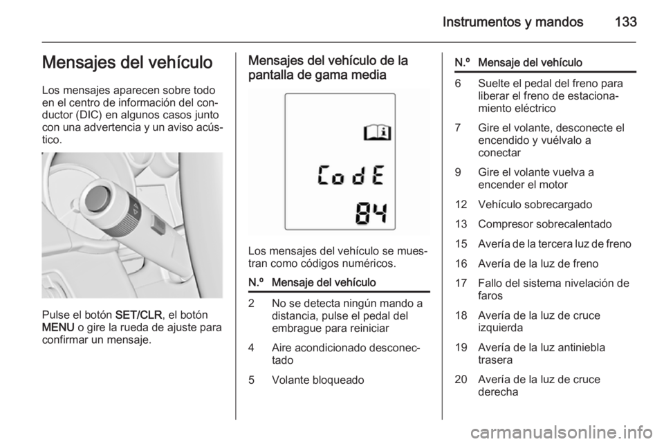 OPEL ASTRA J 2015 Manual de Instrucciones (in Spanish) Instrumentos y mandos133Mensajes del vehículo
Los mensajes aparecen sobre todo
en el centro de información del con‐
ductor (DIC) en algunos casos junto
con una advertencia y un aviso acús‐ tico OPEL ASTRA J 2015 Manual de Instrucciones (in Spanish) Instrumentos y mandos133Mensajes del vehículo
Los mensajes aparecen sobre todo
en el centro de información del con‐
ductor (DIC) en algunos casos junto
con una advertencia y un aviso acús‐ tico