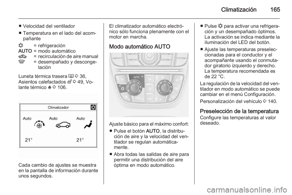 OPEL ASTRA J 2015 Manual de Instrucciones (in Spanish) Climatización165
■ Velocidad del ventilador
■ Temperatura en el lado del acom‐ pañanten=refrigeraciónAUTO=modo automático4=recirculación de aire manualV=desempañado y desconge‐
lación
L OPEL ASTRA J 2015 Manual de Instrucciones (in Spanish) Climatización165
■ Velocidad del ventilador
■ Temperatura en el lado del acom‐ pañanten=refrigeraciónAUTO=modo automático4=recirculación de aire manualV=desempañado y desconge‐
lación
L