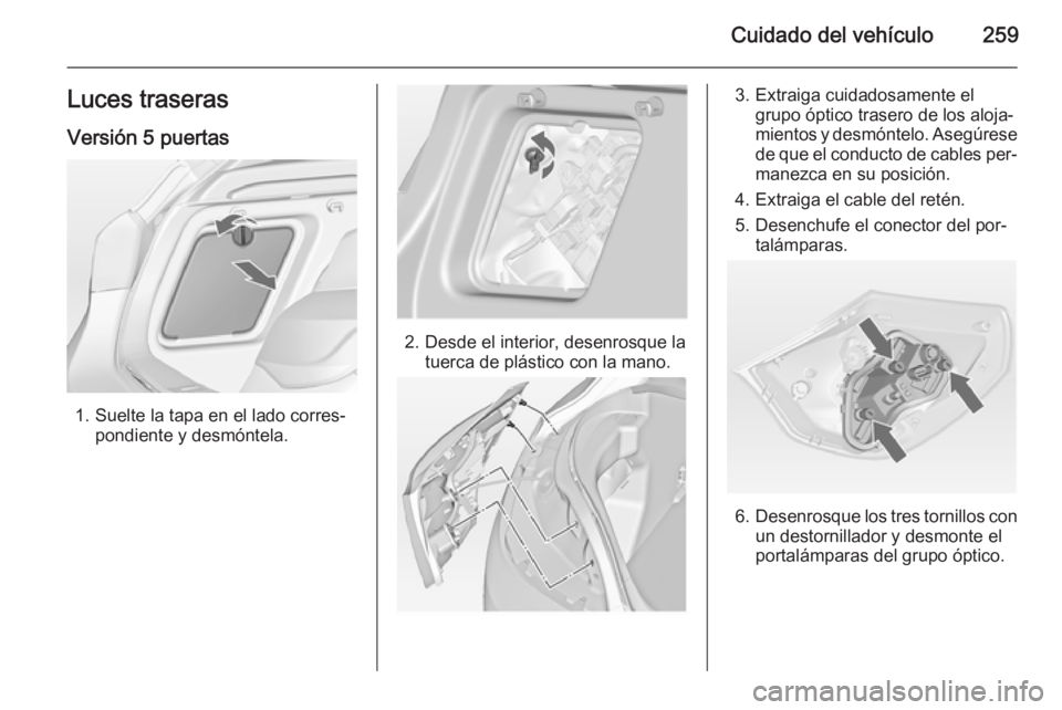 OPEL ASTRA J 2015 Manual de Instrucciones (in Spanish) Cuidado del vehículo259Luces traserasVersión 5 puertas
1. Suelte la tapa en el lado corres‐ pondiente y desmóntela.
2. Desde el interior, desenrosque la tuerca de plástico con la mano.
3. Extrai OPEL ASTRA J 2015 Manual de Instrucciones (in Spanish) Cuidado del vehículo259Luces traserasVersión 5 puertas
1. Suelte la tapa en el lado corres‐ pondiente y desmóntela.
2. Desde el interior, desenrosque la tuerca de plástico con la mano.
3. Extrai