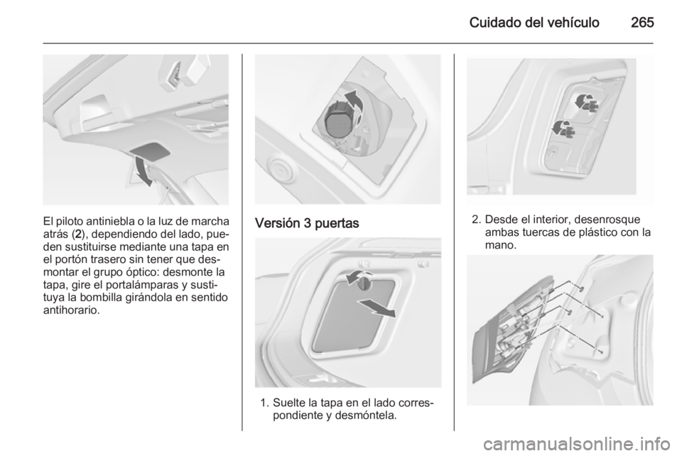 OPEL ASTRA J 2015 Manual de Instrucciones (in Spanish) Cuidado del vehículo265
El piloto antiniebla o la luz de marchaatrás ( 2), dependiendo del lado, pue‐
den sustituirse mediante una tapa en el portón trasero sin tener que des‐
montar el grupo OPEL ASTRA J 2015 Manual de Instrucciones (in Spanish) Cuidado del vehículo265
El piloto antiniebla o la luz de marchaatrás ( 2), dependiendo del lado, pue‐
den sustituirse mediante una tapa en el portón trasero sin tener que des‐
montar el grupo