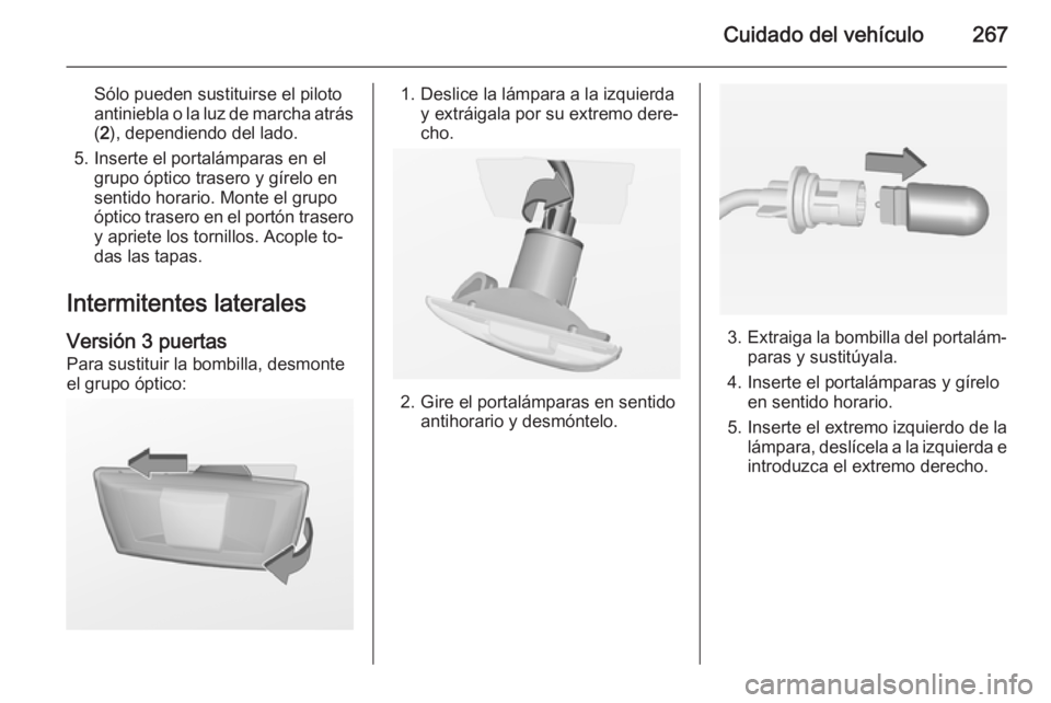 OPEL ASTRA J 2015 Manual de Instrucciones (in Spanish) Cuidado del vehículo267
Sólo pueden sustituirse el piloto
antiniebla o la luz de marcha atrás ( 2 ), dependiendo del lado.
5. Inserte el portalámparas en el grupo óptico trasero y gírelo en
sent OPEL ASTRA J 2015 Manual de Instrucciones (in Spanish) Cuidado del vehículo267
Sólo pueden sustituirse el piloto
antiniebla o la luz de marcha atrás ( 2 ), dependiendo del lado.
5. Inserte el portalámparas en el grupo óptico trasero y gírelo en
sent