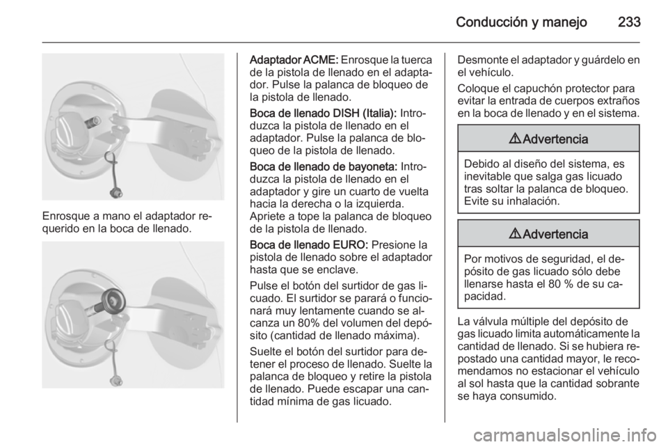 OPEL ASTRA J 2015.5  Manual de Instrucciones (in Spanish) Conducción y manejo233
Enrosque a mano el adaptador re‐
querido en la boca de llenado.
Adaptador ACME:  Enrosque la tuerca
de la pistola de llenado en el adapta‐ dor. Pulse la palanca de bloqueo 