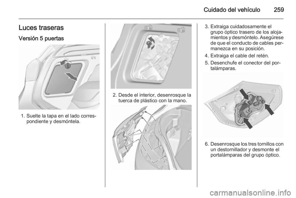 OPEL ASTRA J 2015.5 Manual de Instrucciones (in Spanish) Cuidado del vehículo259Luces traserasVersión 5 puertas
1. Suelte la tapa en el lado corres‐ pondiente y desmóntela.
2. Desde el interior, desenrosque la tuerca de plástico con la mano.
3. Extrai OPEL ASTRA J 2015.5 Manual de Instrucciones (in Spanish) Cuidado del vehículo259Luces traserasVersión 5 puertas
1. Suelte la tapa en el lado corres‐ pondiente y desmóntela.
2. Desde el interior, desenrosque la tuerca de plástico con la mano.
3. Extrai