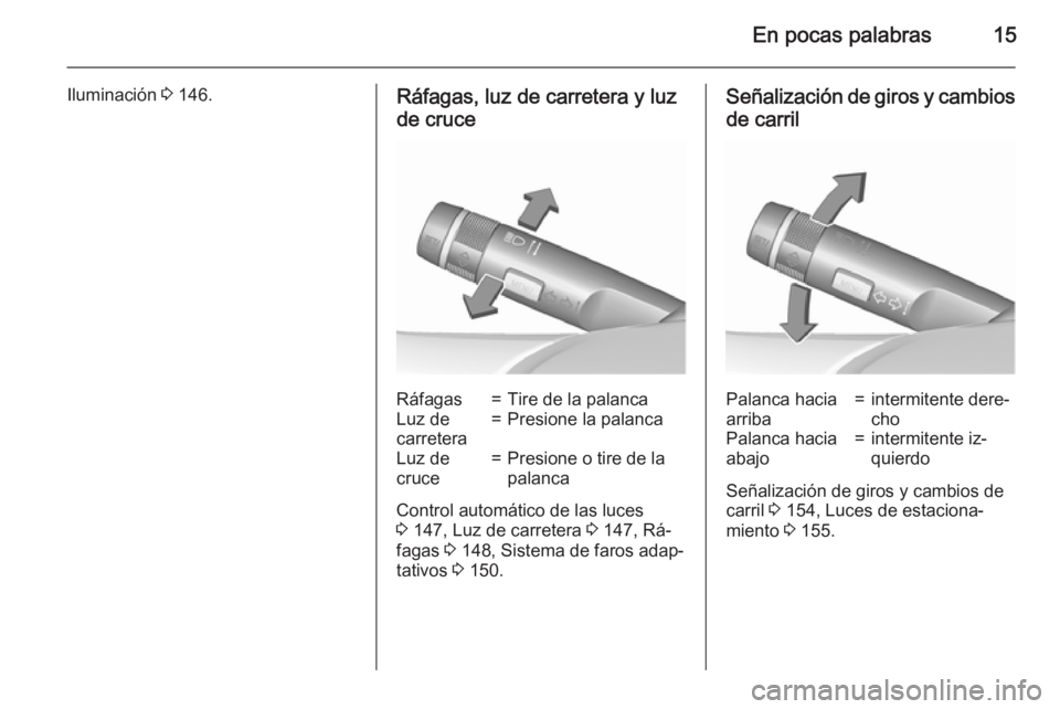 OPEL ASTRA J 2015.75  Manual de Instrucciones (in Spanish) En pocas palabras15
Iluminación 3 146.Ráfagas, luz de carretera y luz
de cruceRáfagas=Tire de la palancaLuz de
carretera=Presione la palancaLuz de
cruce=Presione o tire de la
palanca
Control autom