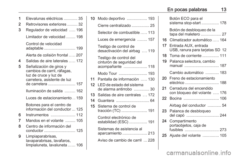 OPEL ASTRA J 2016  Manual de Instrucciones (in Spanish) En pocas palabras131Elevalunas eléctricos ............35
2 Retrovisores exteriores .........32
3 Regulador de velocidad  .....196
Limitador de velocidad ........198
Control de velocidad
adaptable ...