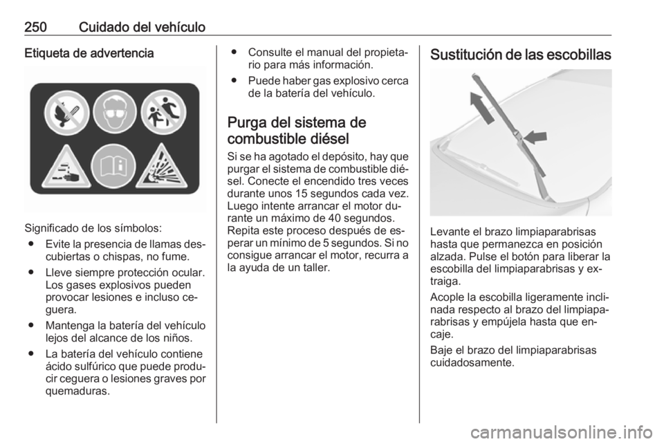 OPEL ASTRA J 2016  Manual de Instrucciones (in Spanish) 250Cuidado del vehículoEtiqueta de advertencia
Significado de los símbolos:● Evite la presencia de llamas des‐
cubiertas o chispas, no fume.
● Lleve siempre protección ocular. Los gases explo