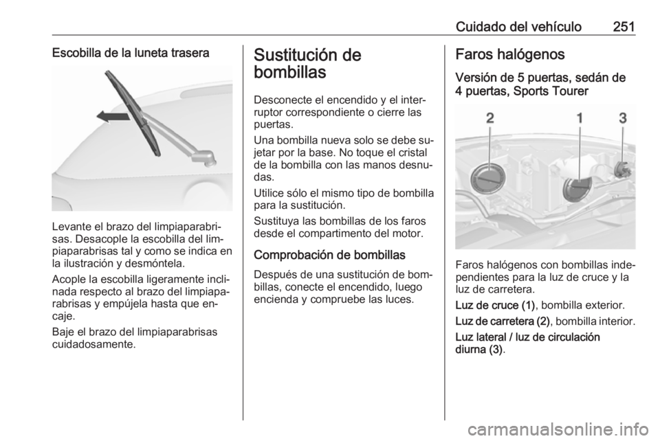 OPEL ASTRA J 2016  Manual de Instrucciones (in Spanish) Cuidado del vehículo251Escobilla de la luneta trasera
Levante el brazo del limpiaparabri‐
sas. Desacople la escobilla del lim‐
piaparabrisas tal y como se indica en
la ilustración y desmóntela.