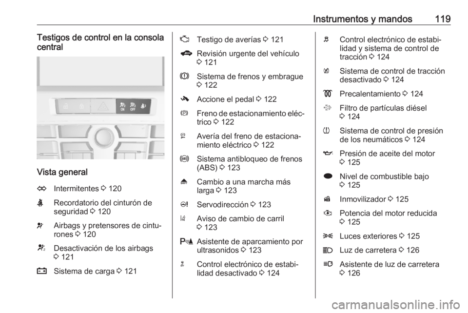 OPEL ASTRA J 2016.5  Manual de Instrucciones (in Spanish) Instrumentos y mandos119Testigos de control en la consola
central
Vista general
OIntermitentes  3 120XRecordatorio del cinturón de
seguridad  3 120vAirbags y pretensores de cintu‐
rones  3 120VDesa