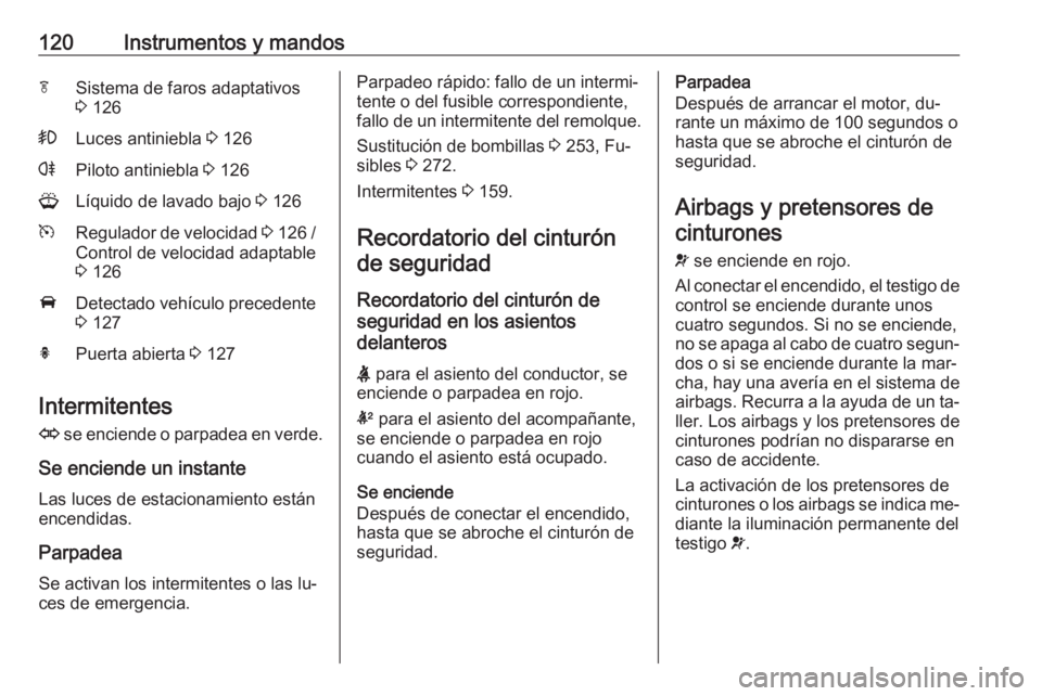 OPEL ASTRA J 2016.5 Manual de Instrucciones (in Spanish) 120Instrumentos y mandosfSistema de faros adaptativos
3 126>Luces antiniebla 3 126rPiloto antiniebla 3 126GLíquido de lavado bajo 3 126mRegulador de velocidad 3 126 /
Control de velocidad adapt OPEL ASTRA J 2016.5 Manual de Instrucciones (in Spanish) 120Instrumentos y mandosfSistema de faros adaptativos
3 126>Luces antiniebla 3 126rPiloto antiniebla 3 126GLíquido de lavado bajo 3 126mRegulador de velocidad 3 126 /
Control de velocidad adapt