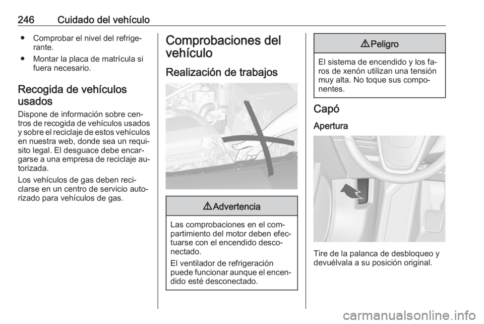 OPEL ASTRA J 2016.5 Manual de Instrucciones (in Spanish) 246Cuidado del vehículo● Comprobar el nivel del refrige‐rante.
● Montar la placa de matrícula si fuera necesario.
Recogida de vehículos usados
Dispone de información sobre cen‐
tros de rec OPEL ASTRA J 2016.5 Manual de Instrucciones (in Spanish) 246Cuidado del vehículo● Comprobar el nivel del refrige‐rante.
● Montar la placa de matrícula si fuera necesario.
Recogida de vehículos usados
Dispone de información sobre cen‐
tros de rec