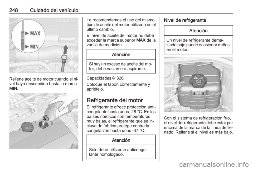 OPEL ASTRA J 2016.5 Manual de Instrucciones (in Spanish) 248Cuidado del vehículo
Rellene aceite de motor cuando el ni‐vel haya descendido hasta la marca
MIN .
Le recomendamos el uso del mismo
tipo de aceite del motor utilizado en el
último cambio.
El ni OPEL ASTRA J 2016.5 Manual de Instrucciones (in Spanish) 248Cuidado del vehículo
Rellene aceite de motor cuando el ni‐vel haya descendido hasta la marca
MIN .
Le recomendamos el uso del mismo
tipo de aceite del motor utilizado en el
último cambio.
El ni