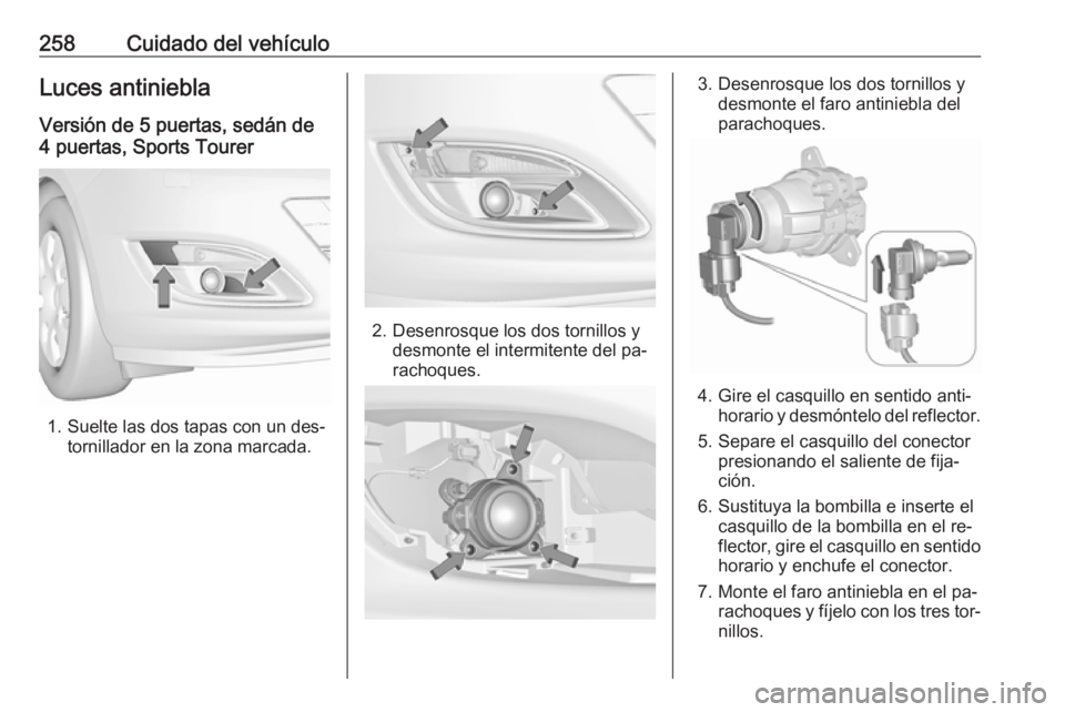 OPEL ASTRA J 2016.5 Manual de Instrucciones (in Spanish) 258Cuidado del vehículoLuces antinieblaVersión de 5 puertas, sedán de
4 puertas, Sports Tourer
1. Suelte las dos tapas con un des‐ tornillador en la zona marcada.
2. Desenrosque los dos tornillos OPEL ASTRA J 2016.5 Manual de Instrucciones (in Spanish) 258Cuidado del vehículoLuces antinieblaVersión de 5 puertas, sedán de
4 puertas, Sports Tourer
1. Suelte las dos tapas con un des‐ tornillador en la zona marcada.
2. Desenrosque los dos tornillos