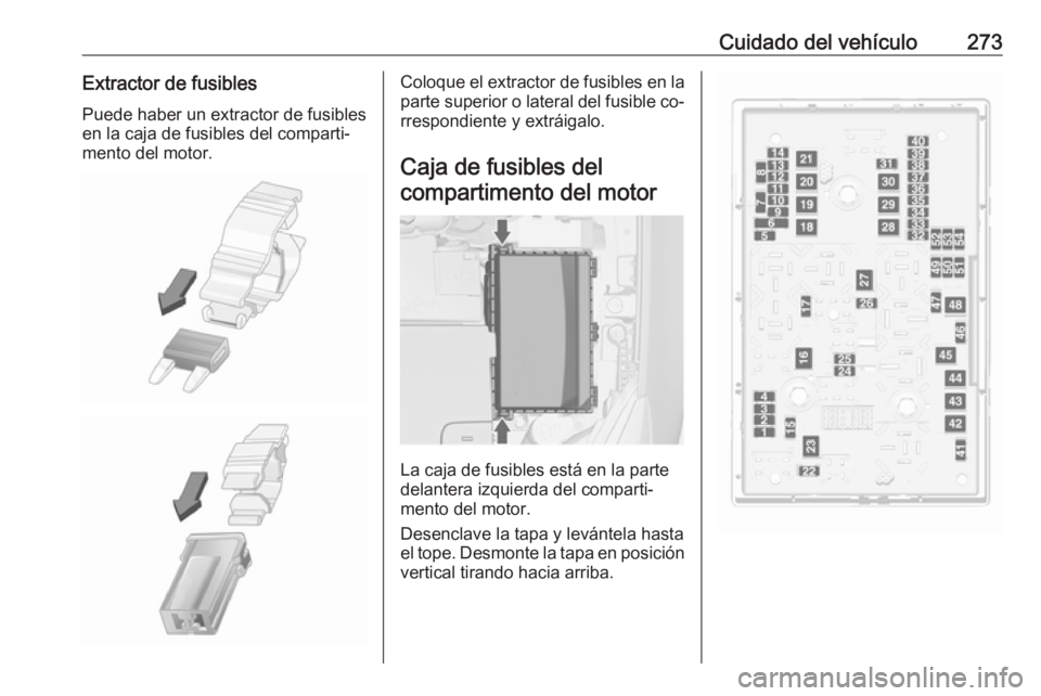 OPEL ASTRA J 2016.5 Manual de Instrucciones (in Spanish) Cuidado del vehículo273Extractor de fusiblesPuede haber un extractor de fusiblesen la caja de fusibles del comparti‐
mento del motor.Coloque el extractor de fusibles en la
parte superior o lateral OPEL ASTRA J 2016.5 Manual de Instrucciones (in Spanish) Cuidado del vehículo273Extractor de fusiblesPuede haber un extractor de fusiblesen la caja de fusibles del comparti‐
mento del motor.Coloque el extractor de fusibles en la
parte superior o lateral