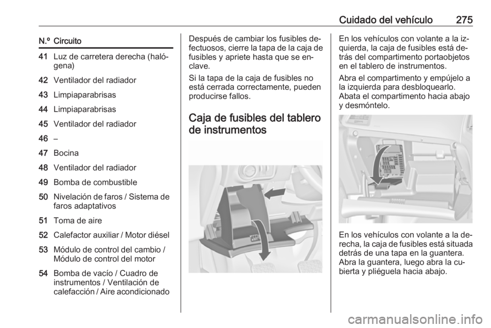 OPEL ASTRA J 2016.5 Manual de Instrucciones (in Spanish) Cuidado del vehículo275N.ºCircuito41Luz de carretera derecha (haló‐
gena)42Ventilador del radiador43Limpiaparabrisas44Limpiaparabrisas45Ventilador del radiador46–47Bocina48Ventilador del radiad OPEL ASTRA J 2016.5 Manual de Instrucciones (in Spanish) Cuidado del vehículo275N.ºCircuito41Luz de carretera derecha (haló‐
gena)42Ventilador del radiador43Limpiaparabrisas44Limpiaparabrisas45Ventilador del radiador46–47Bocina48Ventilador del radiad