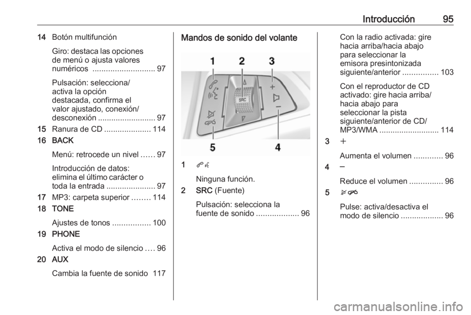 OPEL ASTRA J 2017 Manual de infoentretenimiento (in Spanish) Introducción9514Botón multifunción
Giro: destaca las opciones de menú o ajusta valores
numéricos ............................ 97
Pulsación: selecciona/
activa la opción
destacada, confirma el
OPEL ASTRA J 2017 Manual de infoentretenimiento (in Spanish) Introducción9514Botón multifunción
Giro: destaca las opciones de menú o ajusta valores
numéricos ............................ 97
Pulsación: selecciona/
activa la opción
destacada, confirma el