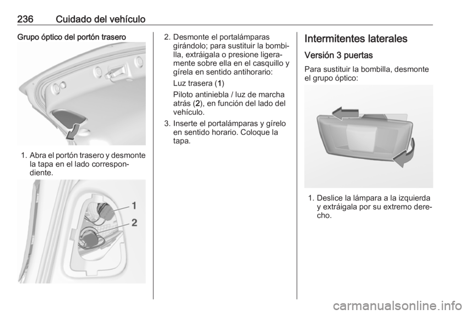 OPEL ASTRA J 2017 Manual de Instrucciones (in Spanish) 236Cuidado del vehículoGrupo óptico del portón trasero
1.Abra el portón trasero y desmonte
la tapa en el lado correspon‐
diente.
2. Desmonte el portalámparas girándolo; para sustituir la bombi OPEL ASTRA J 2017 Manual de Instrucciones (in Spanish) 236Cuidado del vehículoGrupo óptico del portón trasero
1.Abra el portón trasero y desmonte
la tapa en el lado correspon‐
diente.
2. Desmonte el portalámparas girándolo; para sustituir la bombi