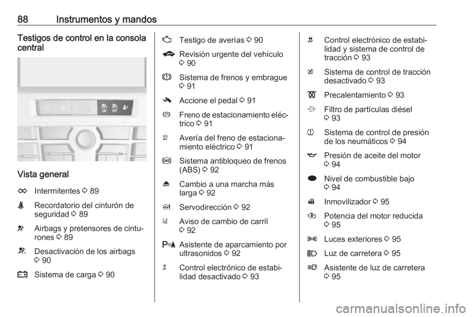 OPEL ASTRA J 2017  Manual de Instrucciones (in Spanish) 88Instrumentos y mandosTestigos de control en la consola
central
Vista general
OIntermitentes  3 89XRecordatorio del cinturón de
seguridad  3 89vAirbags y pretensores de cintu‐
rones  3 89VDesactiv