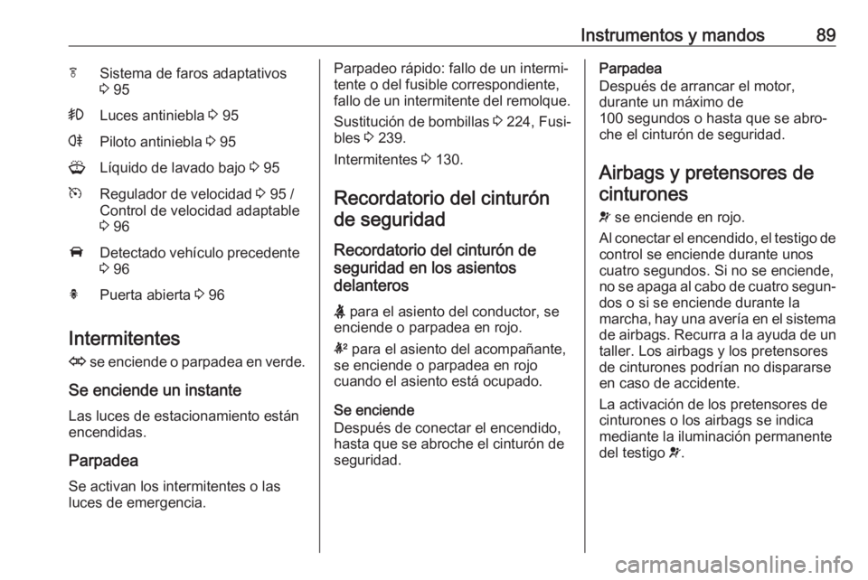 OPEL ASTRA J 2017  Manual de Instrucciones (in Spanish) Instrumentos y mandos89fSistema de faros adaptativos
3  95>Luces antiniebla  3 95rPiloto antiniebla  3 95GLíquido de lavado bajo  3 95mRegulador de velocidad  3 95 /
Control de velocidad adaptable
3 