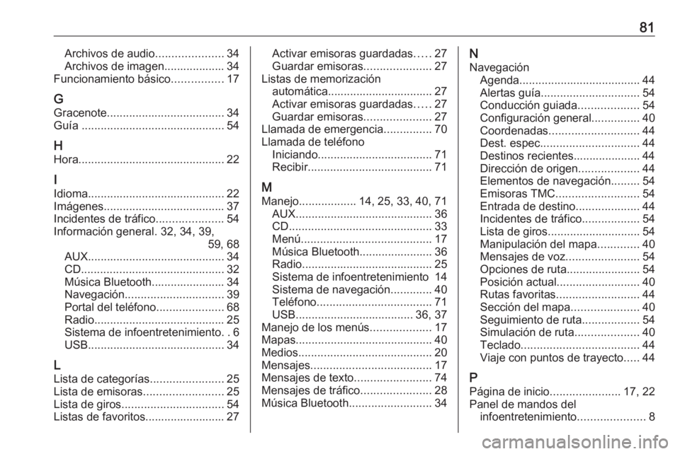 OPEL ASTRA J 2018  Manual de infoentretenimiento (in Spanish) 81Archivos de audio.....................34
Archivos de imagen................... 34
Funcionamiento básico ................17
G Gracenote ..................................... 34
Guía  ..............