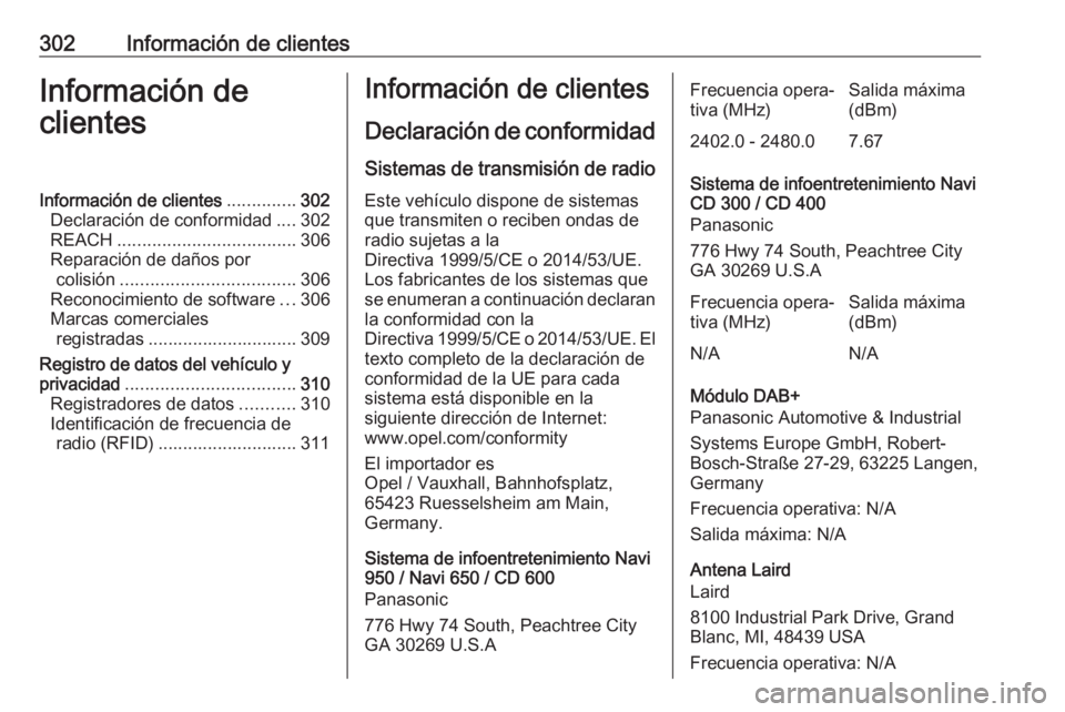 OPEL ASTRA J 2018 Manual de Instrucciones (in Spanish) 302Información de clientesInformación de
clientesInformación de clientes ..............302
Declaración de conformidad ....302
REACH .................................... 306
Reparación de daños p OPEL ASTRA J 2018 Manual de Instrucciones (in Spanish) 302Información de clientesInformación de
clientesInformación de clientes ..............302
Declaración de conformidad ....302
REACH .................................... 306
Reparación de daños p