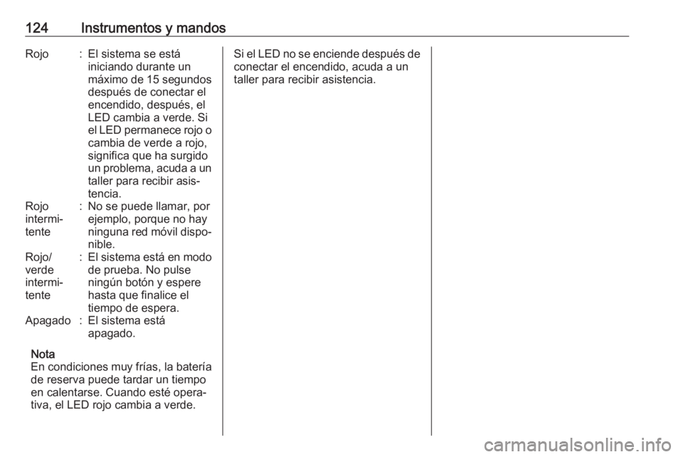 OPEL ASTRA J 2018.5 Manual de Instrucciones (in Spanish) 124Instrumentos y mandosRojo:El sistema se está
iniciando durante un
máximo de 15 segundos después de conectar el
encendido, después, el
LED cambia a verde. Si
el LED permanece rojo o
cambia de ve OPEL ASTRA J 2018.5 Manual de Instrucciones (in Spanish) 124Instrumentos y mandosRojo:El sistema se está
iniciando durante un
máximo de 15 segundos después de conectar el
encendido, después, el
LED cambia a verde. Si
el LED permanece rojo o
cambia de ve