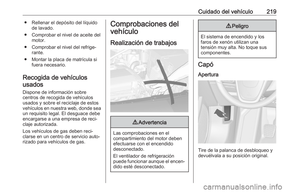 OPEL ASTRA J 2018.5 Manual de Instrucciones (in Spanish) Cuidado del vehículo219● Rellenar el depósito del líquidode lavado.
● Comprobar el nivel de aceite del motor.
● Comprobar el nivel del refrige‐ rante.
● Montar la placa de matrícula si f OPEL ASTRA J 2018.5 Manual de Instrucciones (in Spanish) Cuidado del vehículo219● Rellenar el depósito del líquidode lavado.
● Comprobar el nivel de aceite del motor.
● Comprobar el nivel del refrige‐ rante.
● Montar la placa de matrícula si f