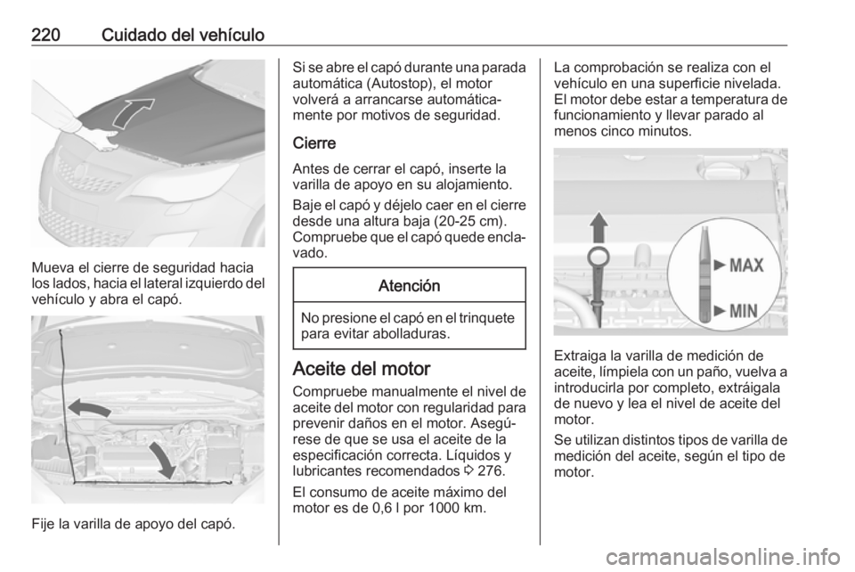 OPEL ASTRA J 2018.5 Manual de Instrucciones (in Spanish) 220Cuidado del vehículo
Mueva el cierre de seguridad hacia
los lados, hacia el lateral izquierdo del
vehículo y abra el capó.
Fije la varilla de apoyo del capó.
Si se abre el capó durante una par OPEL ASTRA J 2018.5 Manual de Instrucciones (in Spanish) 220Cuidado del vehículo
Mueva el cierre de seguridad hacia
los lados, hacia el lateral izquierdo del
vehículo y abra el capó.
Fije la varilla de apoyo del capó.
Si se abre el capó durante una par