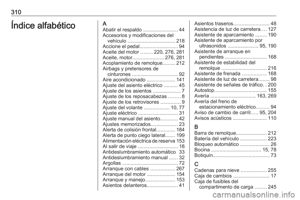 OPEL ASTRA J 2018.5 Manual de Instrucciones (in Spanish) 310Índice alfabéticoAAbatir el respaldo ......................... 44
Accesorios y modificaciones del vehículo .................................. 218
Accione el pedal ........................... 94 OPEL ASTRA J 2018.5 Manual de Instrucciones (in Spanish) 310Índice alfabéticoAAbatir el respaldo ......................... 44
Accesorios y modificaciones del vehículo .................................. 218
Accione el pedal ........................... 94