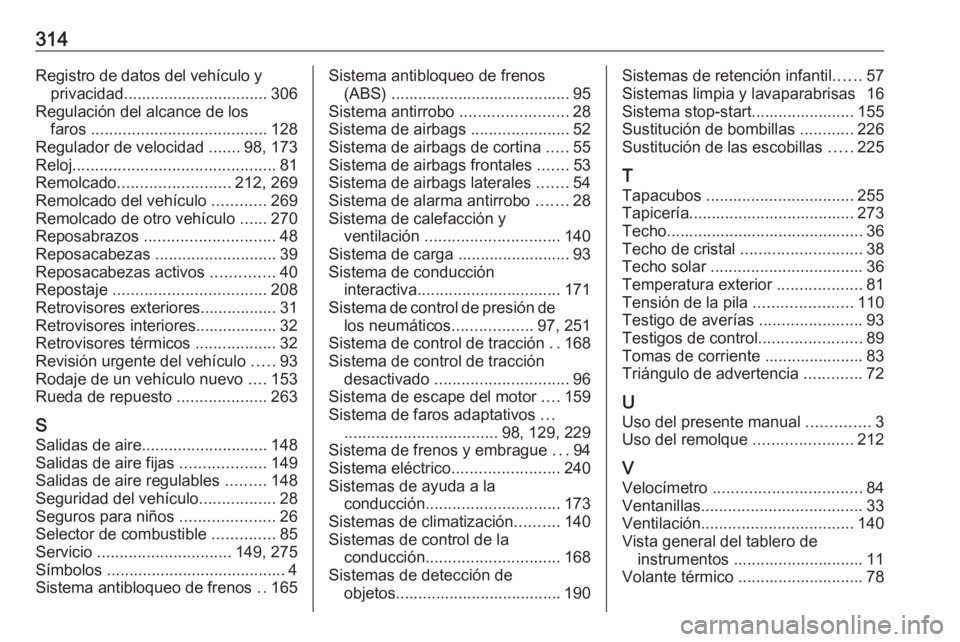 OPEL ASTRA J 2018.5 Manual de Instrucciones (in Spanish) 314Registro de datos del vehículo yprivacidad ................................ 306
Regulación del alcance de los faros ....................................... 128
Regulador de velocidad .......98, OPEL ASTRA J 2018.5 Manual de Instrucciones (in Spanish) 314Registro de datos del vehículo yprivacidad ................................ 306
Regulación del alcance de los faros ....................................... 128
Regulador de velocidad .......98,