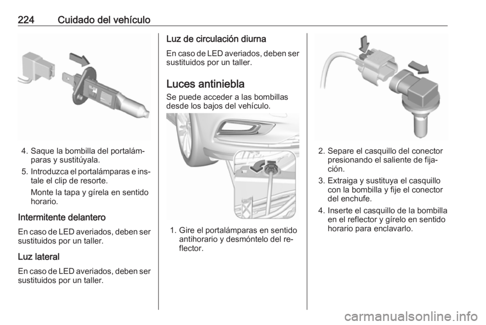 OPEL ASTRA K 2016  Manual de Instrucciones (in Spanish) 224Cuidado del vehículo
4. Saque la bombilla del portalám‐paras y sustitúyala.
5. Introduzca el portalámparas e ins‐
tale el clip de resorte.
Monte la tapa y gírela en sentido
horario.
Interm