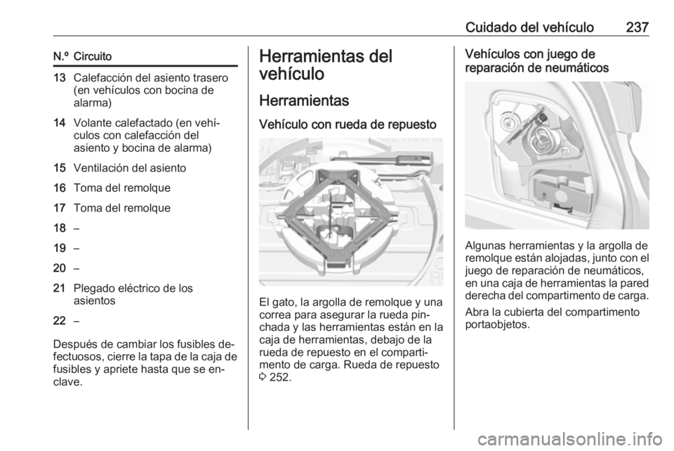 OPEL ASTRA K 2016  Manual de Instrucciones (in Spanish) Cuidado del vehículo237N.ºCircuito13Calefacción del asiento trasero
(en vehículos con bocina de
alarma)14Volante calefactado (en vehí‐
culos con calefacción del
asiento y bocina de alarma)15Ve