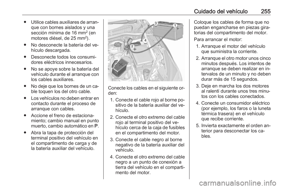 OPEL ASTRA K 2016  Manual de Instrucciones (in Spanish) Cuidado del vehículo255●Utilice cables auxiliares de arran‐
que con bornes aislados y una
sección mínima de 16 mm 2
 (en
motores diésel, de 25 mm 2
).
● No desconecte la batería del ve‐ h