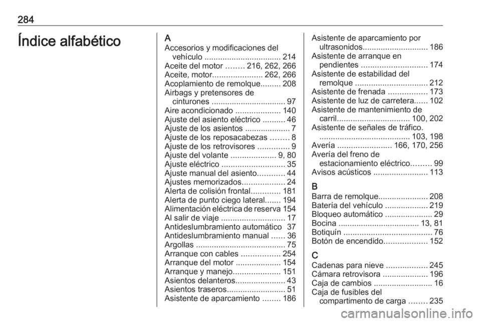 OPEL ASTRA K 2016  Manual de Instrucciones (in Spanish) 284Índice alfabéticoAAccesorios y modificaciones del vehículo  .................................. 214
Aceite del motor  ........216, 262, 266
Aceite, motor ...................... 262, 266
Acoplamie
