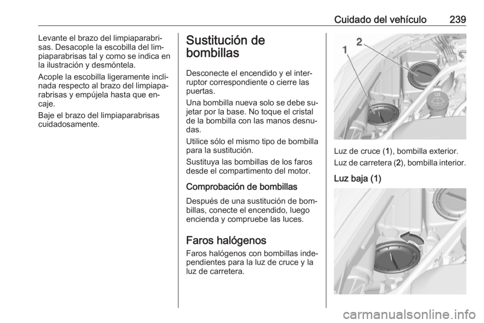 OPEL ASTRA K 2016.5 Manual de Instrucciones (in Spanish) Cuidado del vehículo239Levante el brazo del limpiaparabri‐
sas. Desacople la escobilla del lim‐
piaparabrisas tal y como se indica en
la ilustración y desmóntela.
Acople la escobilla ligerament OPEL ASTRA K 2016.5 Manual de Instrucciones (in Spanish) Cuidado del vehículo239Levante el brazo del limpiaparabri‐
sas. Desacople la escobilla del lim‐
piaparabrisas tal y como se indica en
la ilustración y desmóntela.
Acople la escobilla ligerament
