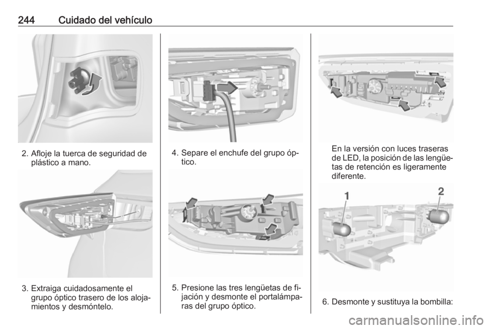 OPEL ASTRA K 2016.5  Manual de Instrucciones (in Spanish) 244Cuidado del vehículo
2. Afloje la tuerca de seguridad deplástico a mano.
3. Extraiga cuidadosamente elgrupo óptico trasero de los aloja‐
mientos y desmóntelo.
4. Separe el enchufe del grupo 