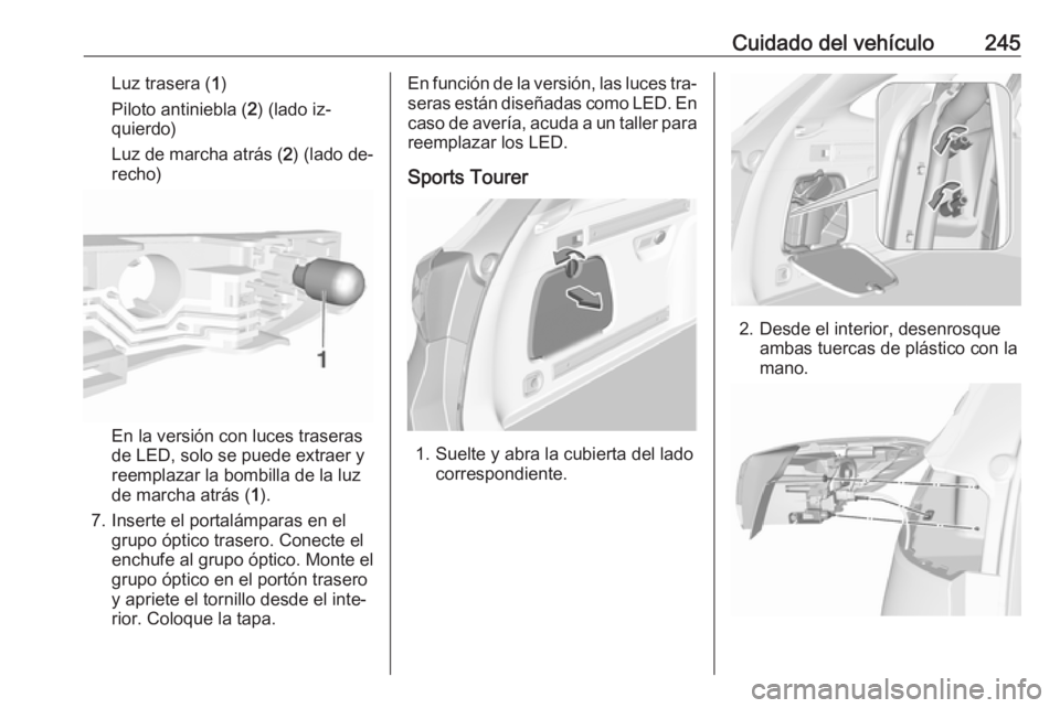 OPEL ASTRA K 2016.5  Manual de Instrucciones (in Spanish) Cuidado del vehículo245Luz trasera (1)
Piloto antiniebla ( 2) (lado iz‐
quierdo)
Luz de marcha atrás ( 2) (lado de‐
recho)
En la versión con luces traseras
de LED, solo se puede extraer y
reemp