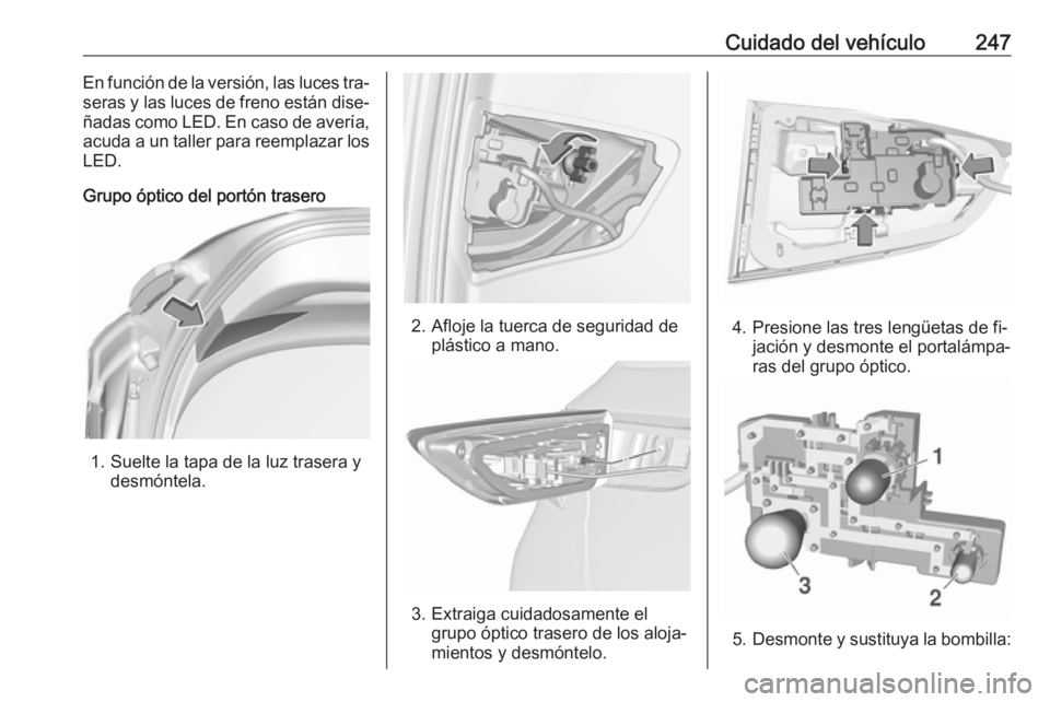 OPEL ASTRA K 2016.5  Manual de Instrucciones (in Spanish) Cuidado del vehículo247En función de la versión, las luces tra‐
seras y las luces de freno están dise‐
ñadas como LED. En caso de avería, acuda a un taller para reemplazar los
LED.
Grupo óp