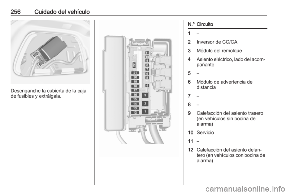 OPEL ASTRA K 2016.5 Manual de Instrucciones (in Spanish) 256Cuidado del vehículo
Desenganche la cubierta de la caja
de fusibles y extráigala.
N.ºCircuito1–2Inversor de CC/CA3Módulo del remolque4Asiento eléctrico, lado del acom‐ pañante5–6Módulo OPEL ASTRA K 2016.5 Manual de Instrucciones (in Spanish) 256Cuidado del vehículo
Desenganche la cubierta de la caja
de fusibles y extráigala.
N.ºCircuito1–2Inversor de CC/CA3Módulo del remolque4Asiento eléctrico, lado del acom‐ pañante5–6Módulo