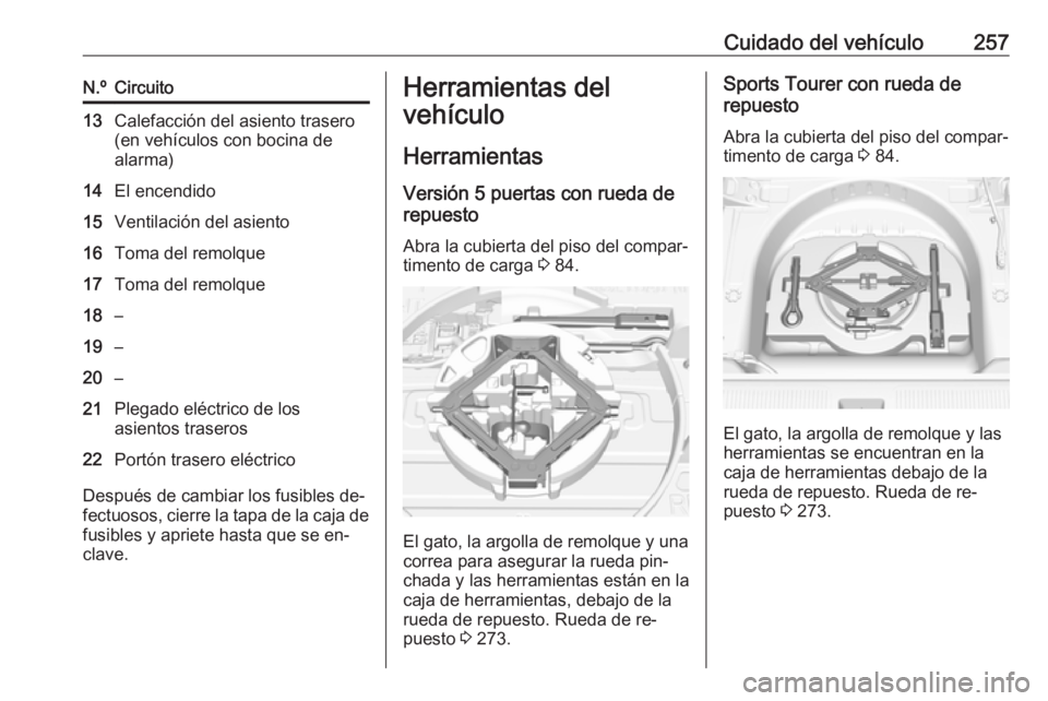 OPEL ASTRA K 2016.5 Manual de Instrucciones (in Spanish) Cuidado del vehículo257N.ºCircuito13Calefacción del asiento trasero
(en vehículos con bocina de
alarma)14El encendido15Ventilación del asiento16Toma del remolque17Toma del remolque18–19–20– OPEL ASTRA K 2016.5 Manual de Instrucciones (in Spanish) Cuidado del vehículo257N.ºCircuito13Calefacción del asiento trasero
(en vehículos con bocina de
alarma)14El encendido15Ventilación del asiento16Toma del remolque17Toma del remolque18–19–20–
