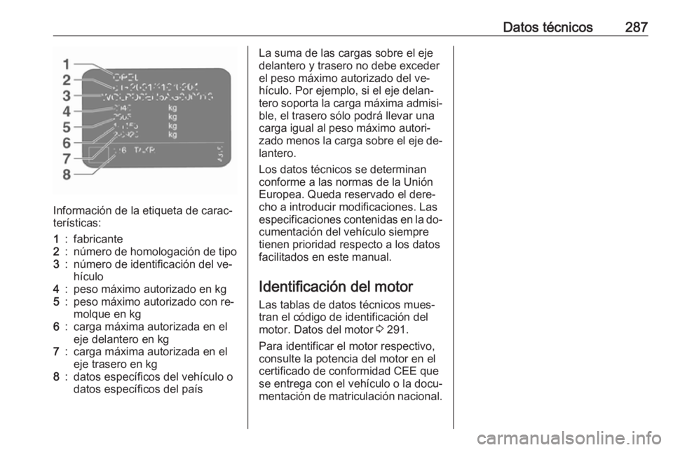 OPEL ASTRA K 2016.5 Manual de Instrucciones (in Spanish) Datos técnicos287
Información de la etiqueta de carac‐
terísticas:
1:fabricante2:número de homologación de tipo3:número de identificación del ve‐
hículo4:peso máximo autorizado en kg5:pes OPEL ASTRA K 2016.5 Manual de Instrucciones (in Spanish) Datos técnicos287
Información de la etiqueta de carac‐
terísticas:
1:fabricante2:número de homologación de tipo3:número de identificación del ve‐
hículo4:peso máximo autorizado en kg5:pes