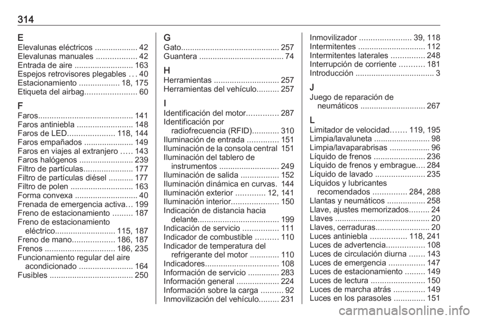 OPEL ASTRA K 2016.5 Manual de Instrucciones (in Spanish) 314EElevalunas eléctricos ...................42
Elevalunas manuales ..................42
Entrada de aire .......................... 163
Espejos retrovisores plegables ...40
Estacionamiento ..... OPEL ASTRA K 2016.5 Manual de Instrucciones (in Spanish) 314EElevalunas eléctricos ...................42
Elevalunas manuales ..................42
Entrada de aire .......................... 163
Espejos retrovisores plegables ...40
Estacionamiento .....