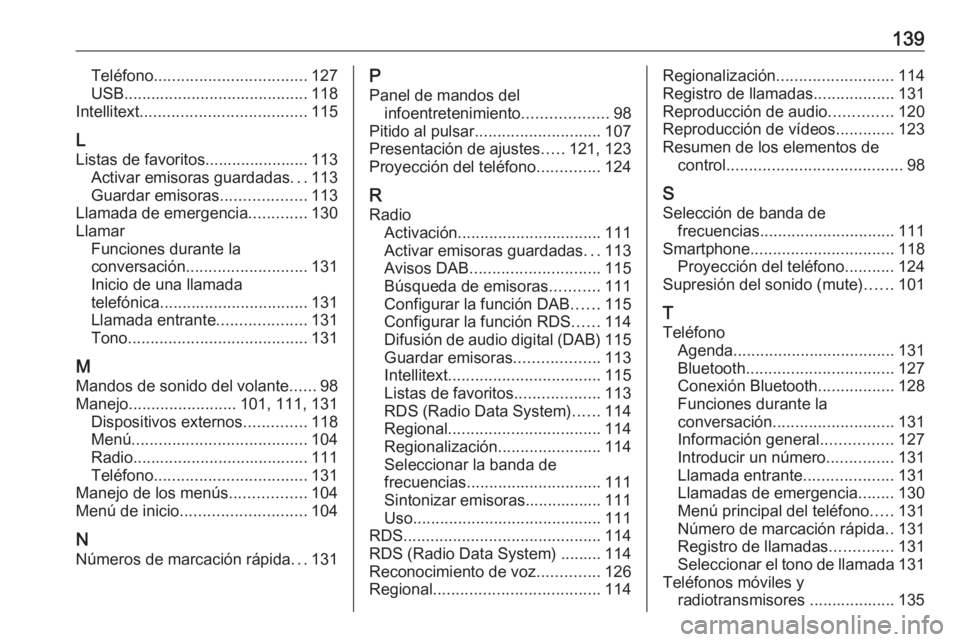 OPEL ASTRA K 2017  Manual de infoentretenimiento (in Spanish) 139Teléfono.................................. 127
USB ......................................... 118
Intellitext ..................................... 115
L
Listas de favoritos....................... 