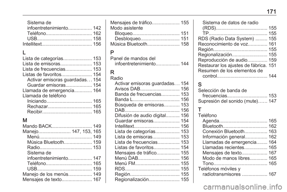 OPEL ASTRA K 2017  Manual de infoentretenimiento (in Spanish) 171Sistema de
infoentretenimiento .................142
Teléfono .................................. 162
USB ......................................... 158
Intellitext ..................................