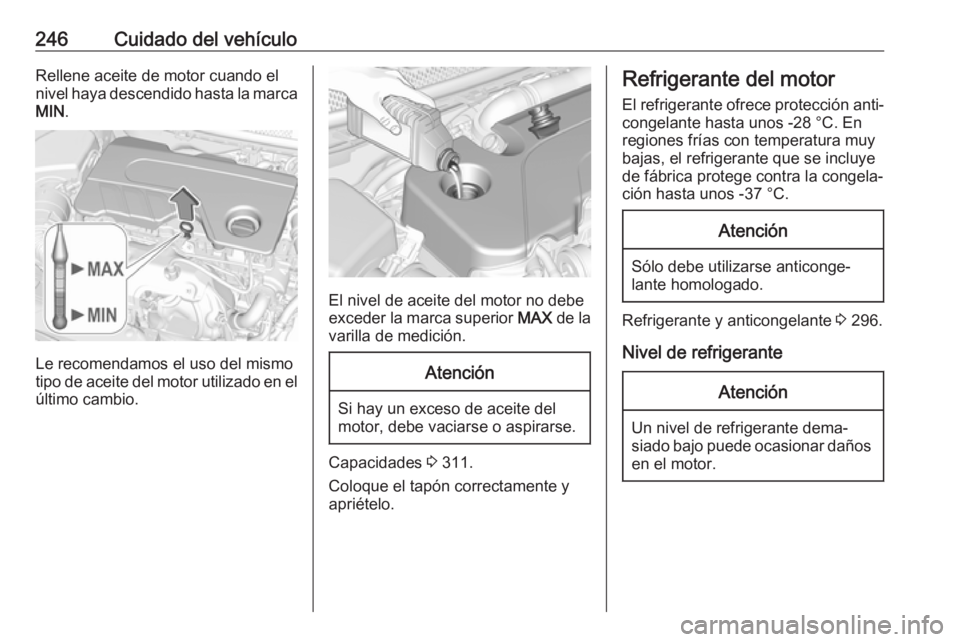 OPEL ASTRA K 2017 Manual de Instrucciones (in Spanish) 246Cuidado del vehículoRellene aceite de motor cuando el
nivel haya descendido hasta la marca
MIN .
Le recomendamos el uso del mismo
tipo de aceite del motor utilizado en el
último cambio.
El nivel OPEL ASTRA K 2017 Manual de Instrucciones (in Spanish) 246Cuidado del vehículoRellene aceite de motor cuando el
nivel haya descendido hasta la marca
MIN .
Le recomendamos el uso del mismo
tipo de aceite del motor utilizado en el
último cambio.
El nivel